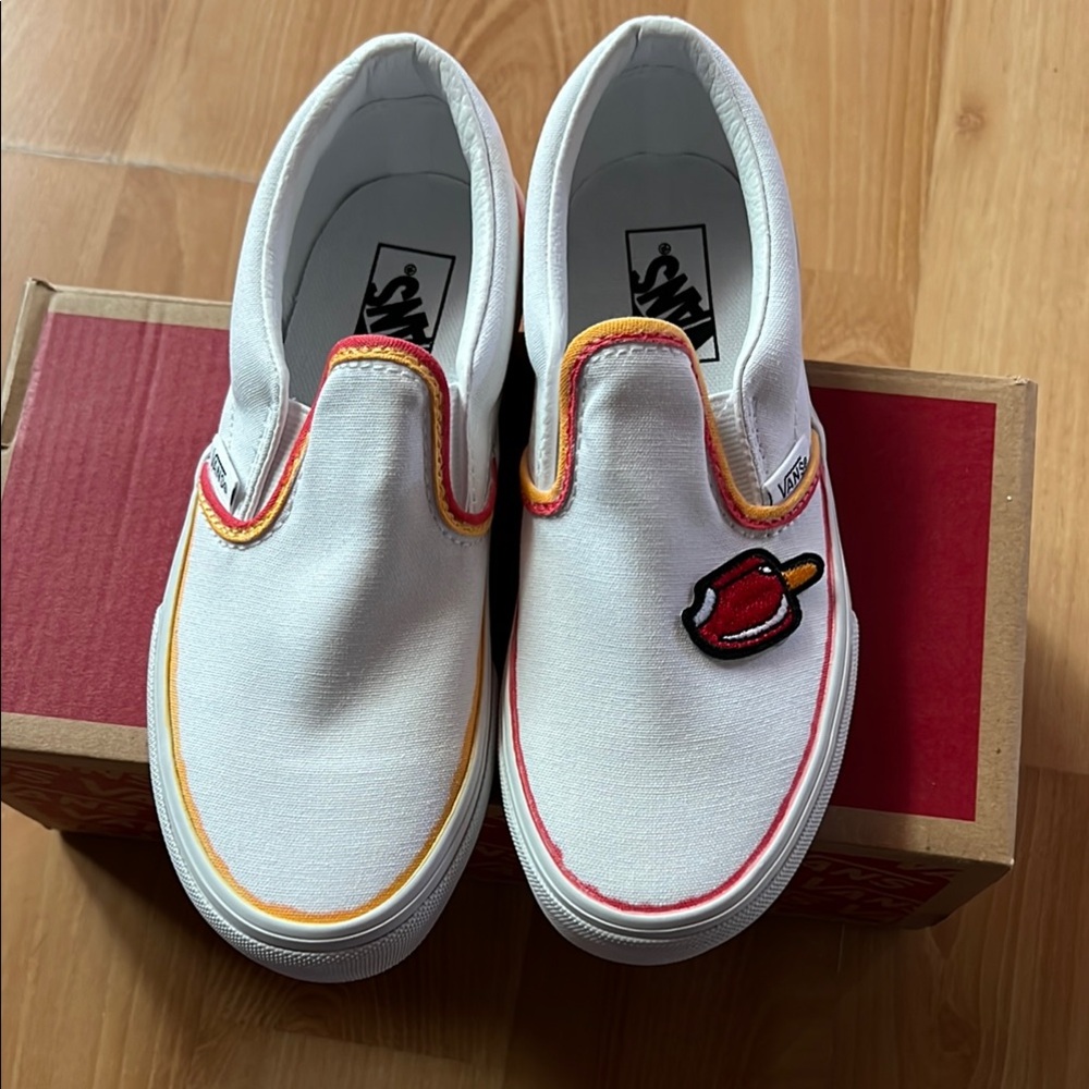 Vans Kids Slip-On Shoes - White with Red and Yellow Accents